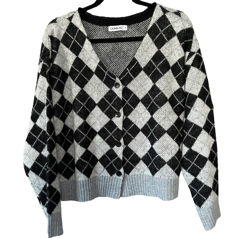 Liumilac Dark Achedamia Argyle Button Front Women's V-Neck Cardigan Sweater Med